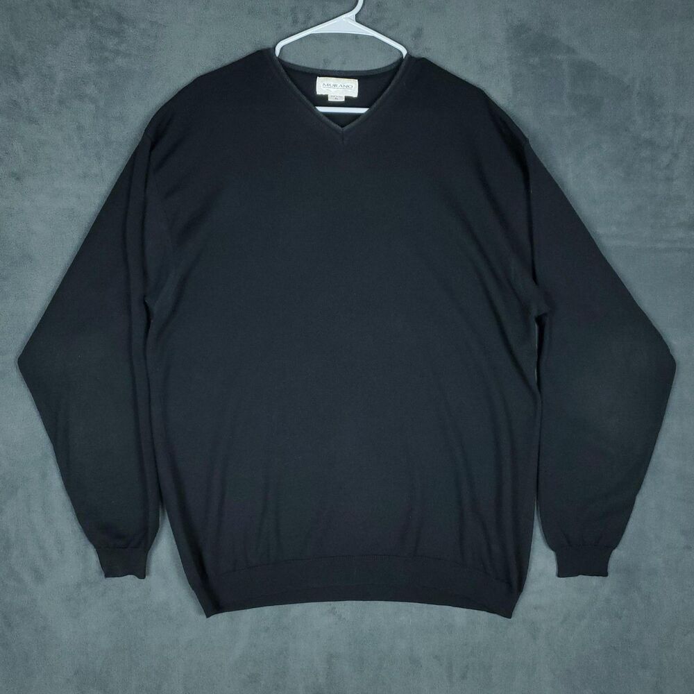 Murano Sweater Mens XL Black Solid Classic V-Neck Knit Pullover Made In Italy